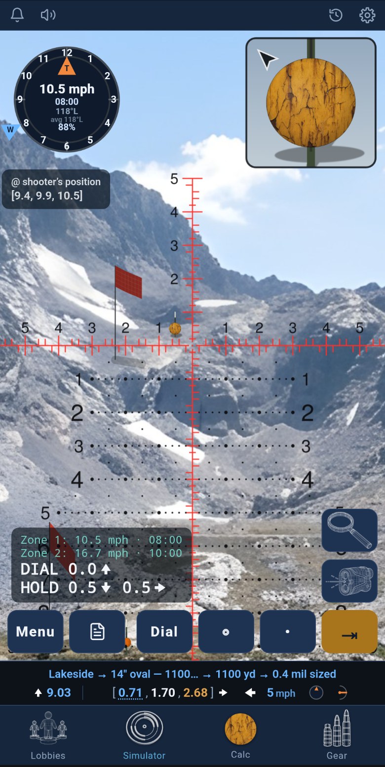 Storm Range simulator: scope view over a mountain lake with wind flags and a 1100 yd target