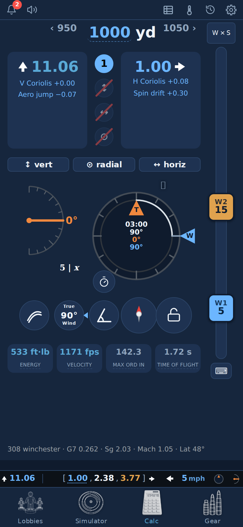 Storm Range ballistics calculator: 1000 yd solution with wind rose
